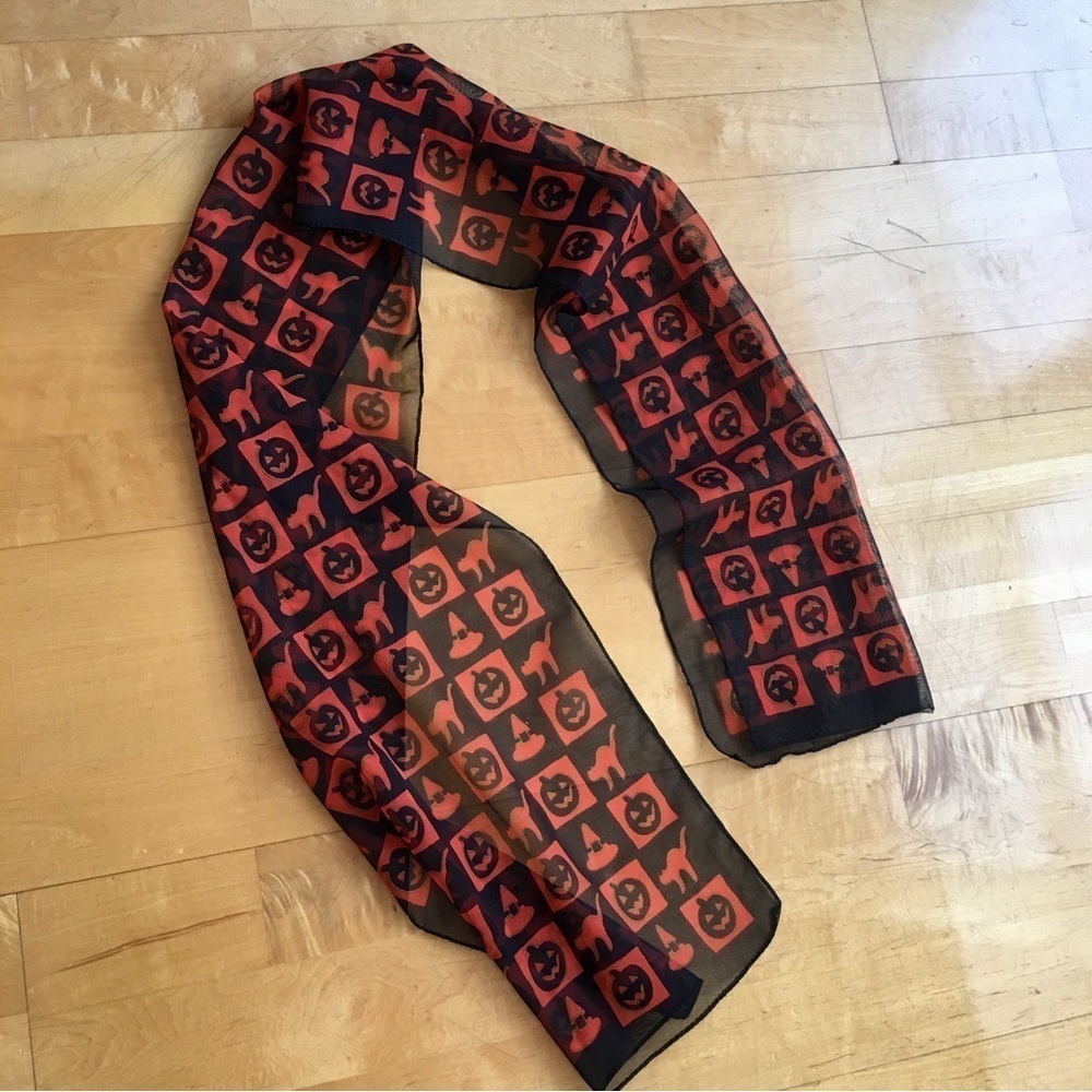 Halloween Patterned Sheer, Lightweight Scarf, Black, Orange - Picture 3 of 10
